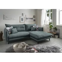 Ecksofa INOSIGN "Lazio" Sofas Gr. B/H/T: 255cm x 94cm x 180cm, Veloursstoff, Recamiere rechts, blau (ocean, zierkissen blumenmuster) zwei verschiedene Fußfarben wählbar