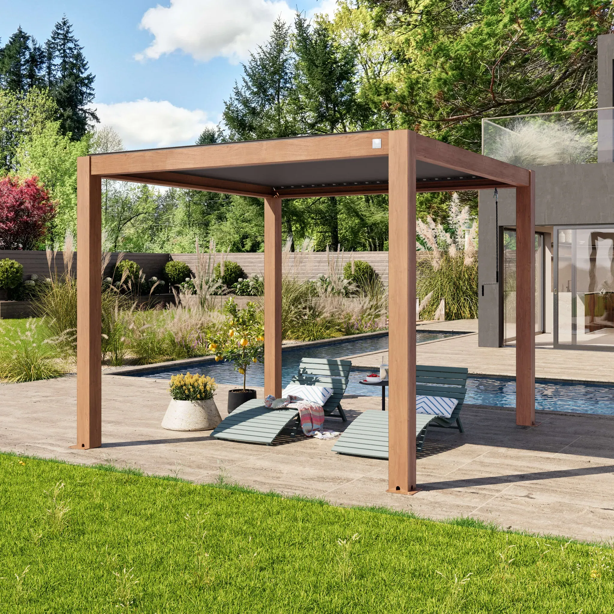 PRIMEYARD  3x3m Pergola in Holzoptik; mit Lamellendach in Perlgrau - (400115)