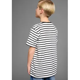 KangaROOS T-Shirt "Ringelshirt mit kleiner Stickerei", Jungen, Gr. 164/170, weiß, schwarz geringelt, Single Jersey, Obermaterial: 95% Baumwolle, 5% Elasthan, bestickt, geringelt, gestreift, Basic, Basic, Rundhals, Shirts T-Shirt, garngefärbter Ringel