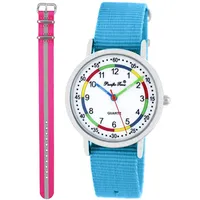Pacific Time Lernuhr Mädchen Jungen Kinder Armbanduhr 2 Armband hellblau + pink reflektierend analog Quarz 11046