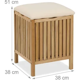 Relaxdays Wäschekorb mit Sitz, Badhocker mit Stauraum, 30 l Wäschesammler, HBT: 51 x 38 x 38 cm, Holz/Stoff, Natur/weiß