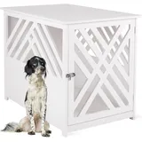 WONDERMAKE WONDERMAKE® Design Hundekäfig aus Holz für Zuhause Wohnung mit Beistelltisch, Hundebox fürs Wohnzimmer Indoor, 90x60 cm weiß