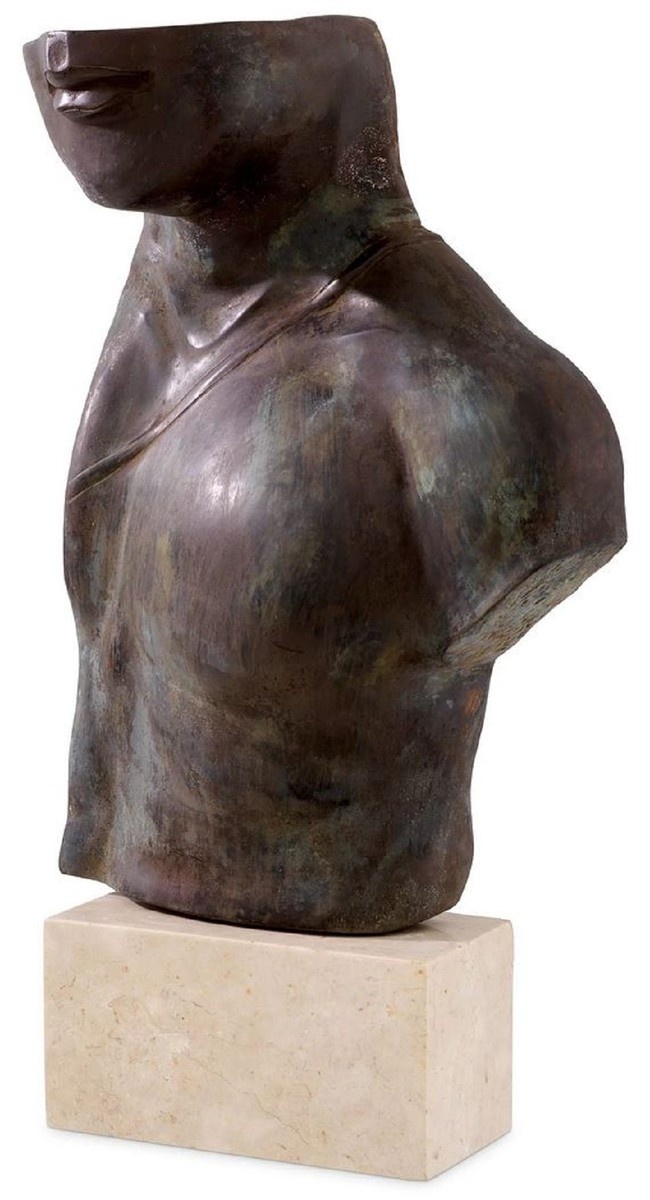 Casa Padrino Luxus Deko Skulptur Torso Antik Bronze / Beige 28 x 14,5 x H. 51,5 cm - Messing Deko Figur mit Travertin Sockel - Wohnzimmer Deko - Schreibtisch Deko - Büro Deko - Deko Accessoires