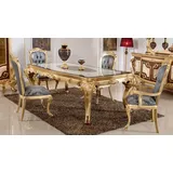 Casa Padrino Esszimmer-Set Luxus Barock Esszimmer Set Blau / Weiß / Braun / Gold - 1 Barock Esstisch & 6 Barock Esszimmerstühle - Barock Esszimmer Möbel - Luxus Möbel im Barockstil - Edel & Prunkvoll