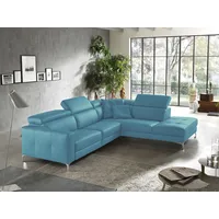 Ecksofa EGOITALIANO "Matt, hoher Sitzkomfort und aufwendige Detailverarbeitung, L-Form", blau (türkis), B:285cm H:100cm T:221cm, Leder »BULL« (echtes Rindsleder). Geschliffenes, pigmentiertes und behandeltes Rindsleder mit einer Dicke von 1, 3-1, 5 mm. Dieses Leder zeigt eine ziemlich weiche Hand mit einem halb undurchsichtigen Aussehen. Es handelt sich um ein geschütztes Leder. Eine leichte Deckschicht schützt sie vor Flecken, ohne ihre ursprünglichen Eigenschaften zu verändern. Die geschützten Leder kombinieren die Vorteile von Natürlichkeit und Weichheit mit einer guten Beständigkeit gegen Verschleiß und Ausbleichen. Das Vorhandensein der charakteristischen Zeichen, die das Leben des Tieres bestimmen, wie Narben, Körnungsunterschiede, Falten, Adern, Disharmonien in Farbtönen, beweisen ihre absolute Echtheit und großen Wert., Sofas, Ecksofa, mit Ottomane, inkl. verstellbarer Kopfteile zum Relaxen