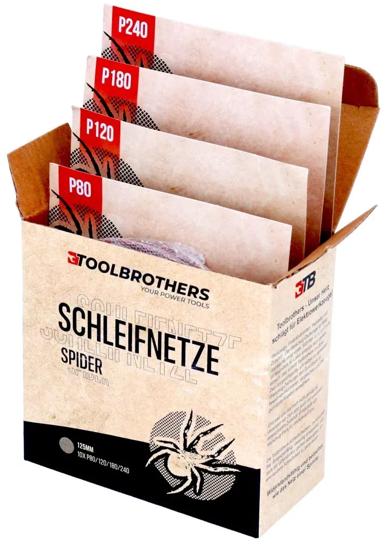 Toolbrothers SPIDER Schleifset Netz Schleifmittel Schleifnetze 125 mm Klett je 10x P80 / P120 / P180 / P240 für Hartholz, Weichholz, Lack, Stein, Stahl, Aluminium, Furnier