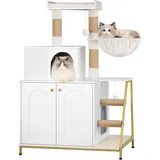 Hzuaneri Kratzbaum mit Katzenklo-Schrank, Katzenschrank, 4-in-1 Modernes Katzenhaus mit Großer Plattform, Katzenhaus mit Sisal-Kratzmatte, Pfosten, Treppe und Pompom, Waschbare Kissen, Weiß CB81013A