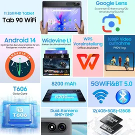 Blackview Tab90 WiFi Android 15 Tablet 11 Zoll,12(4+8Expansion) GB RAM 128GB Speicherplatz(2TB TF),Großes Display Widevide L1,Octa-core T606, 8200mAh Akku,5G WiFi,Dual Kamera 13MP+8MP,GMS,BT 5.0