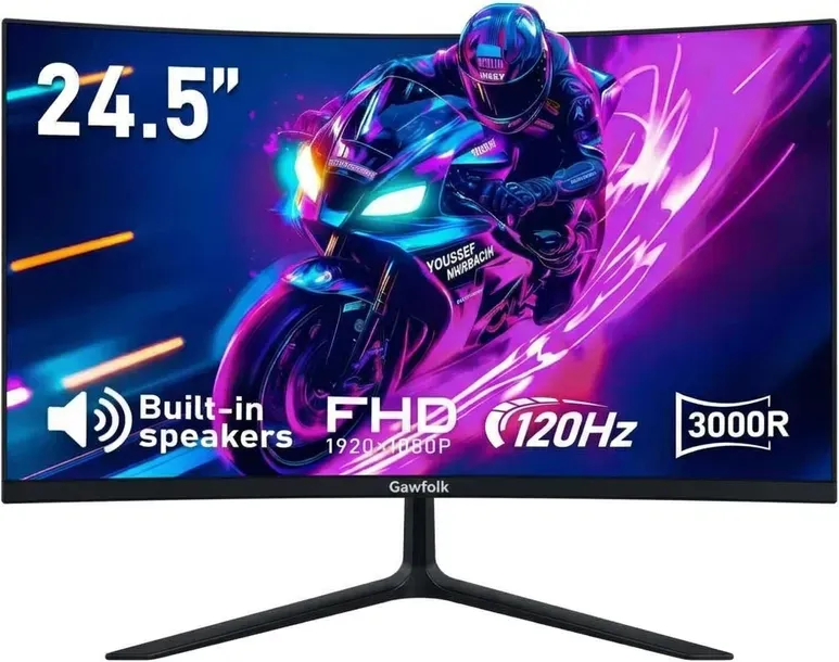Gawfolk 24,5 Zoll 1K Full HD Curved-Monitor, 120 Hz (hochwertige Bildwiederholrate), 1 ms (MPRT) Reaktionszeit, 3000R Immersionskrümmung, integrierte Lautsprecher, AMD FreeSync, TÜV Eye-Care, Anti-Glare, geringe Eingabeverzögerung, HDMI/DP, VESA-Halterung 75x75 mm, Schlankes Schwarz, UK/EU-Stecker, Plug-and-Play für PC/PS5/Heimoffice/Gaming