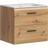 welltime Waschbeckenunterschrank FLORENZ, Breite 60 cm, inkl. Waschbecken, hängende Montage (2-St., TOPSELLER) hochwertige MDF Front, Griff schwarz, Badschrank, Bad braun