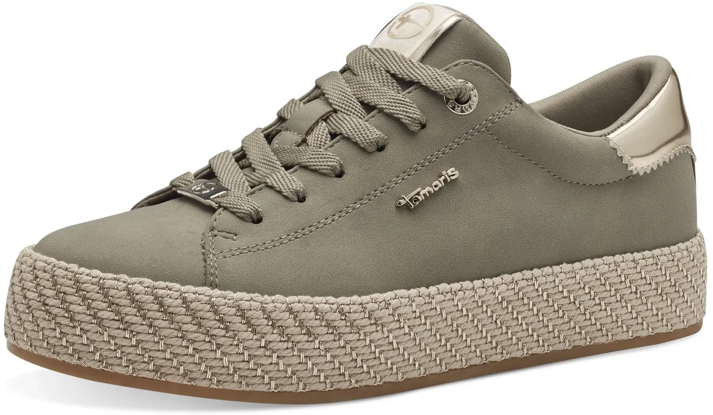 Plateausneaker TAMARIS, Damen, Gr. 41, grün (oliv), Lederimitat, kontrastfarbene Details, Schuhe Plateausneaker, Freizeitschuh, Halbschuh, Schnürschuh mit Textilkordel am Plateau