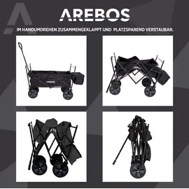 Arebos Bollerwagen faltbar schwarz inkl. 2 Netztaschen und Außentasche