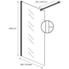 Badplaats Duschwand Florida 50 x 200cm Glas Duschabtrennung Schwarz - Walk-In Dusche Nano Duschtrennwand