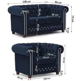 S-Style Chesterfield Polstergarnitur 2+1 Cleo Blink ¦ blau ¦ Maße (cm): B: 148 H: 72
