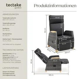 Tectake tectake® Rattansessel, mit Aluminiumgestell, verstellbare Rückenlehne und Fußablage, dicke Polsterung, 68,5 x 67 - 128 x 87 - 104 cm