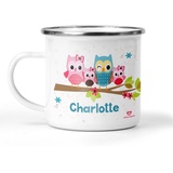 wolga-kreativ Emaille Tasse Becher Kinder mit namene Kindertasse mit Namen Emaille mit namenes Geschenk Kinder Eulenfamilie mit namen