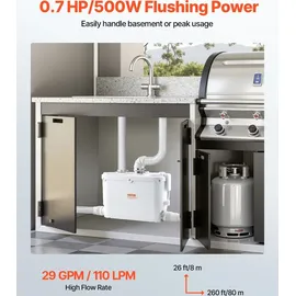 Vevor Hebeanlage, 500 W, 110 L/min Durchfluss, 8 m Förderhöhe, Schmutzwasserpumpe mit 4 Wassereinlässen, Abwasserhebeanlage für Küche, Keller, Dusche, Waschbecken, Waschküche,