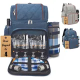 Rnoony Picknickrucksack für Camping, Picknickkorb für 4 mit isolierter Kühltasche und Flaschentasche, Picknicktasche mit leichter Decke und Besteckset für Familie, Paare und Wandern