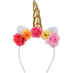Einhorn Haarreif mit Blumen und Ohren 22x15cm 1 Stück Einhornhaarreifen mit Horn Kostüm Accessoire Party Fasching Karneval Halloween