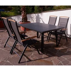 ALEOS. Gartengarnitur Gartenset Aluminium TEAK Set mit quadratischem Ausziehtisch 150x110cm auf 150cm ausziehbar + 4 Hochlehner anthrazit Trinidad