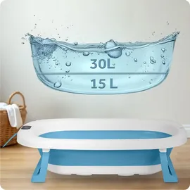 Ricokids Baby Badewanne Babywanne mit Gestell Thermometer und Badekissen - Faltbar Leicht Rutschfest - Weiß Blau