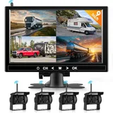 Hodozzy Rückfahrkamera Kabellos 4 Kameras 9 Zoll HD Monitor Wireless Rückfahrkamera Set, 18 IR-Nachtsicht wasserdichte RüCkfahrkamera Drahtlose 12V- 36V für Anhänger, Wohnmobil, Bus, LKW, PKW