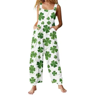 Godoboo Jumpsuit Damen Patrick's Day Kleeblatt Druck Baggy Overalls St Patricks Day Kuschelig Latzhose Wide Leg Romper Festlich Arbeitslatzhose - L