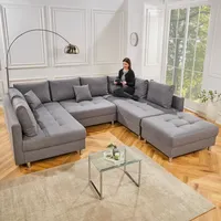 riess-ambiente Moderne XXL Wohnlandschaft KENT 305cm grau Federkern inklusive Hocker und Kissen U-Sofa Big Sofa Couch - Grau