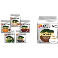 Tassimo Kapseln, Probierbox mit 5 Sorten für 64 Getränke, 5er Vielfaltspaket & Kapseln Jacobs Cappuccino Classico, 40 Kaffeekapseln, 5er Pack, 5 x 8 Getränke