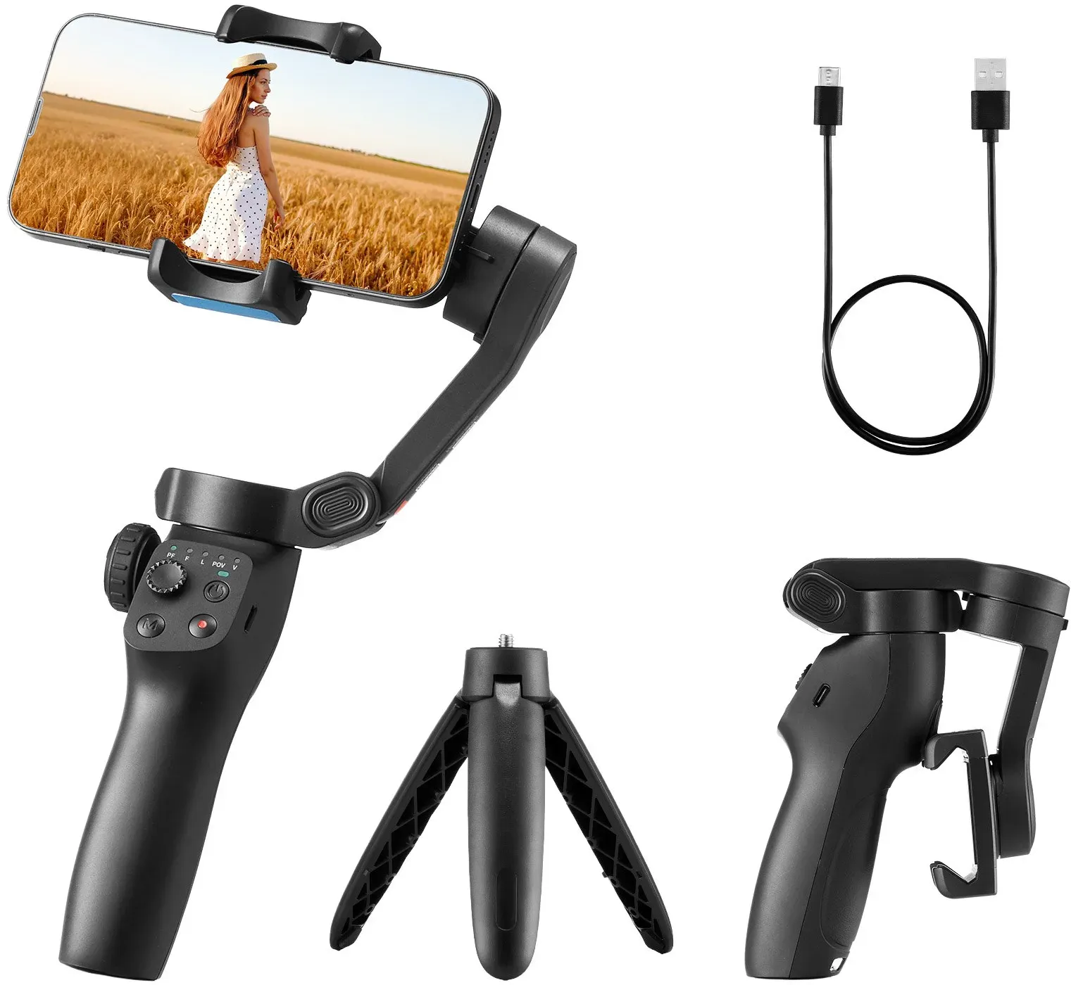 VEVOR Gimbal-Stabilisator für Smartphone, 3-Achsen-Stabilisierung, mit Gesichts-/Objektverfolgung, Stativ, tragbarer und faltbarer Handheld-Stabilisator für Videoaufnahmen, DC 3,5–4,2V