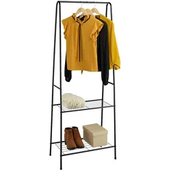 Relaxdays Kleiderständer, HxBxT: 162 x 60,5 x 35 cm, Kleiderstange, 2 Ablagen, Metall, freistehende Garderobe, schwarz