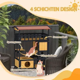 PawHut Katzenhaus Katzenhöhle mit Plattformen, Hängebrück für bis zu 2 Katzen - Gelb