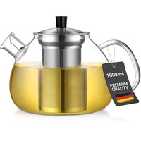 ecooe 1000ml Silberne Teekanne aus Glas Borosilikat Glas Teebereiter mit Abnehmbare 18/8 Edelstahl-Sieb Rostfrei Hitzebeständig für Schwarzen Tee Grüner