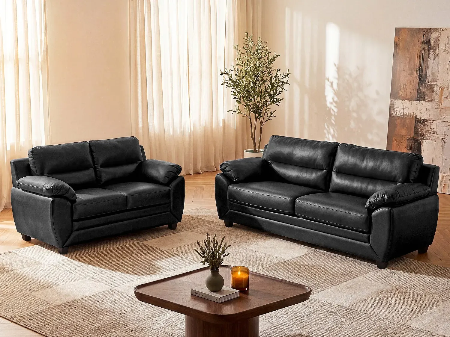 Couchgarnitur 3+2 - Kunstleder - Schwarz - MANOA