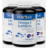 NORSAN Premium Total Omega 3 Kapseln hochdosiert 3er Pack (3x 120 Stück) / 1.500mg Omega 3 pro Portion/Omega 3 Kapseln mit 707mg EPA & 368mg DHA/Fischöl Kapseln aus nachhaltigem Wildfang