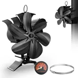 HECUSAM Kaminventilator, Leiser Kamin Ventilator Ofenventilator Ohne Strom mit Thermometer, 6 Flügel für Schnellere Wärmeverteilung, Kaminlüfter für Holz/Brennholz/Feuerstelle/Ofenrohr + 1 Ersatzring