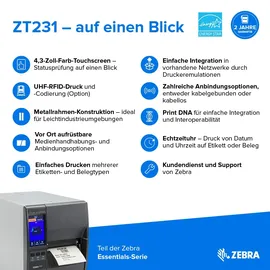 Zebra Technologies Zebra ZT231, 12 Punkte/mm (300dpi), Display, EPL, ZPL, ZPLII, USB, USB-Host, RS2...