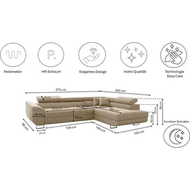 kaiser möbel Ecksofa FALIO L mit Schlaffunktion im modernen Stil für das Wohn- und Schlafzimmer Hellbeige Rechts - Beige