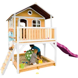 Axi Marc Spielhaus Braun - Weiß mit Lila Rutsche 212 x 432 x 293 cm