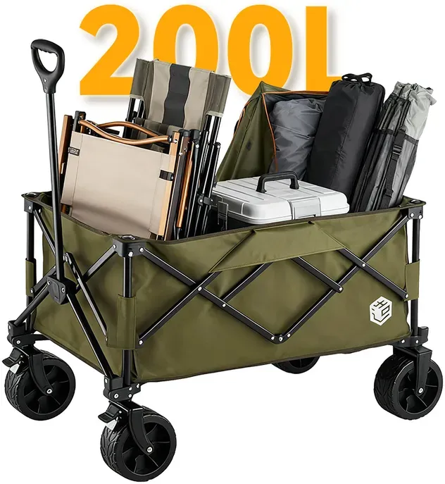 ochama platzsparender Campingwagen 200L Olivgrün, extra hoch und groß, 400L Stapelkapazität, Doppelbremse Geländereifen, platzsparende Aufbewahrung, für Camping, Picknick, Marktstand, Umzug