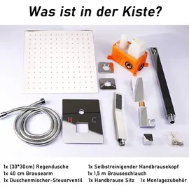 XIIW Unterputz Duscharmatur Set inkl.30X30cm Kopfbrause, 200mm Handbrause, Messingkörper, Regendusche Schwarz,