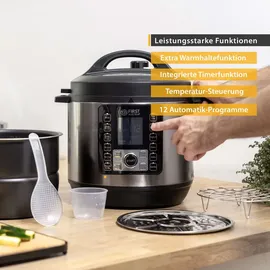 First Austria TZS First Austria Multikocher 6L, Schnellkochtopf 1000W 12 Programme, Timer, Edelstahl, Warmhaltefunktion, Dampfgarer, Reiskocher, Silbe...
