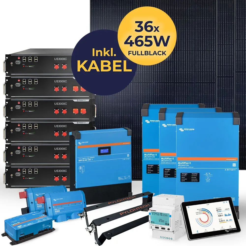 16,74 kW Photovoltaikanlage mit Speicher 21 kWh | HUSATECH SunnyHome XL | 3-phasig mit Victron MultiPlus II 48/5000/70-50 + MPPT 450/200 + 16380Wp + Pylontech US3000C