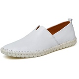 MTnoble Müßiggänger for Männer Freizeitschuhe Slip-on Flat Nähen Anti-Rutsch Echtes Leder, der atmungsaktive runde Zehe handgefertigt (Color : White, Size : 48 EU) - 48 EU