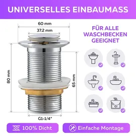 M. ROSENFELD Home Ablaufgarnitur Waschbecken OHNE Überlauf mit Knopf - Chrom Ablaufventil Pop Up 1 1/4 zoll aus Edelstahl & Messing für Waschtisc...