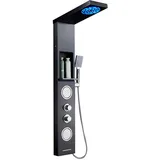 ROVOGO Schwarze LED Duschpaneel mit Ablage und Armatur, 5 Funktionen - Nebel, Regen, 2 Groß Massagedüsen, 3-Modus Handbrause und Wasserfall Wanneneinlauf, Edelstahl Duschsäule mit Nische, Wandmontage