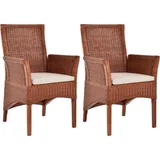Krines Home Esszimmerstuhl 2er Set Esszimmerstuhl Rattanstuhl mit Armlehne Esszimmer Stühle Holz (2 St), aus Rattan Naturmaterial, mit Armlehnen braun|rot