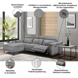 Home Affaire Ecksofa »Lund, L-Form, 261cm, man. o. elektr. Relaxfunktion (mit USB-A)« und Kopfteilverstellung, schwarz