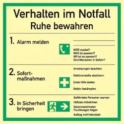 Aufkleber Verhalten im Notfall ISO 7010, Folie, langnachleuchtend, 180x180 mm