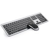 Tastatur Maus Set Kabellos, seenda Ultra-Dünne Wiederaufladbare Funk Tastatur Maus Set, Ergonomische Tastatur Kabellos mit Silikon Staubschutz für PC/Laptop/Smart TV, DE QWERTZ Layout, Schwarz&Silber